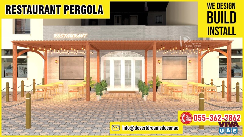 Restaurant Area Pergola | Wooden Pergola with Furniture | Abu Dhabi.