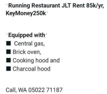 RUNNING RESTAURANT JLT RENT 85K/YR, KM250K