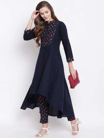 Indigo Asymmetrical Kurta With A Printed Yoke - ZERESOUQ