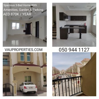 SPACIOUS 3BED HOME WITH AMENITIES, GARDEN & PARKING AED 870K/YR