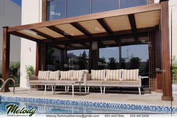 Pergola With Fabric Roof Attached With Home in Dubai