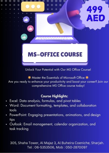 MS Office Classes With Best Discount in Sharjah 0502870097