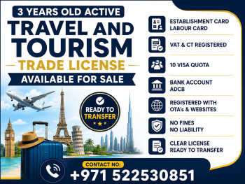 3 YEARS OLD ACTIVE TRAVEL AND TOURISM TRADE LICENSE AVAILABLE FOR SALE - DUBAI 