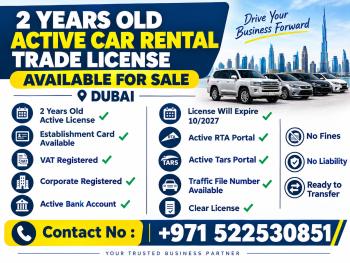2 YEARS OLD ACTIVE CAR RENTAL TRADE LICENSE AVAILABLE FOR SALE - DUBAI 