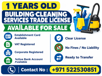 1 YEARS OLD ACTIVE BUILDING CLEANING SERVICES TRADE LICENSE AVAILABLE FOR SALE - DUBAI 