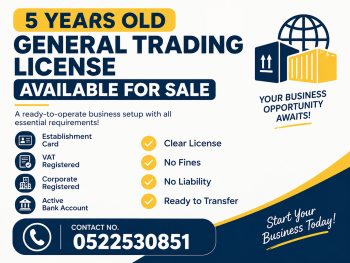 5 YEARS OLD ACTIVE GENERAL TRADING LICENSE AVAILABLE FOR SALE - DUBAI 