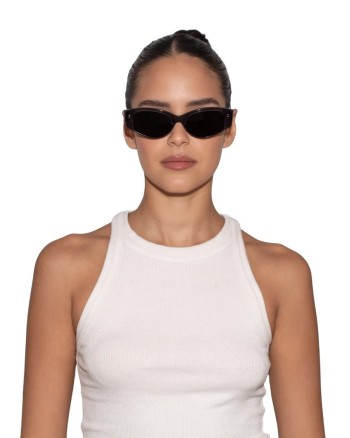 ModelWearingDixySunglasses-SmokyGreyFramewithSmokyGreyLenses-FrontView-KarenWazen