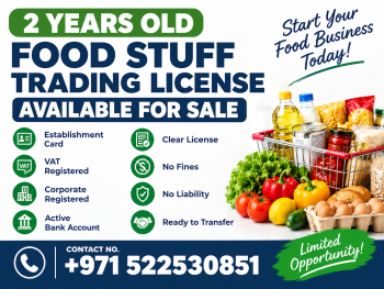 2 YEARS OLD ACTIVE FOOD STUFF TRADE LICENSE AVAILABLE FOR SALE - DUBAI 